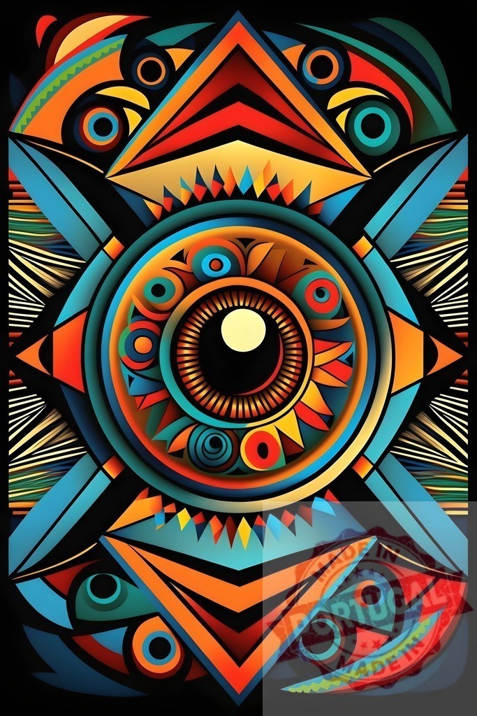 Tribal eye geometric pattern abstract colorful background | Abstract tribal eye in a vibrant geometric pattern exploring spirituality and symmetry - Realized with Pictrs.com