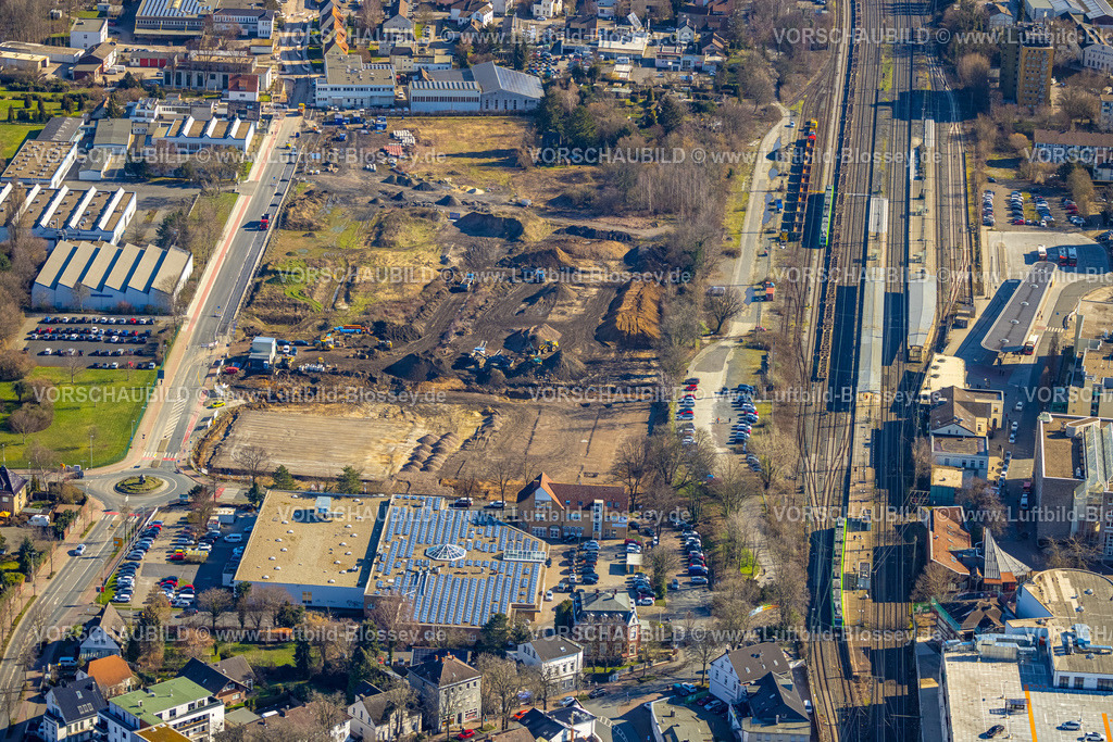 Unna230214185 | Luftbild, Baugebiet Viktoriastraße für Bürohaus am Bahnhof Unna in Unna, Ruhrgebiet, Nordrhein-Westfalen, Deutschland