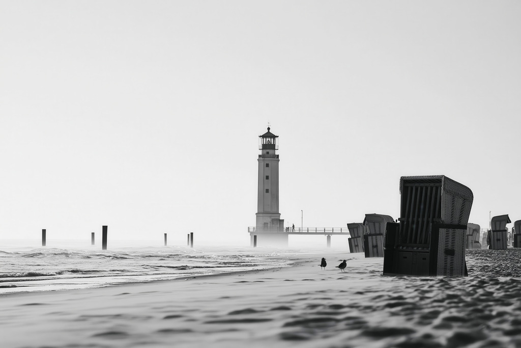 Leuchtturm mit Strand | Mit moderner KI‑generiertes schwarz-weiß Artwork, sorgfältig manuell für den Druck optimiert.