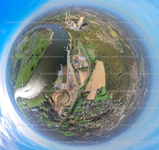 Dinslaken20221006_1Emschermuendung6 | Luftbild, Emschermündung Renaturierung, Fluss Rhein und Fluss Emscher, STEAG Kraftwerk Walsum, Fisheye Aufnahme, Fischaugen Aufnahme, 360 Grad Aufnahme, Eppinghoven, Dinslaken, Fisheyeaufnahme, Ruhrgebiet, Nordrhein-Westfalen, Deutschland