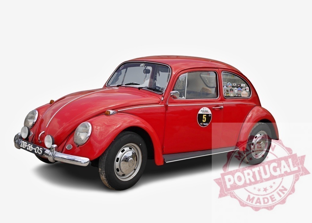 Red Volkswagen Beetle posing in studio with white background | Classic red Volkswagen Beetle car isolated on a white background in a studio setting - Realized with Pictrs.com