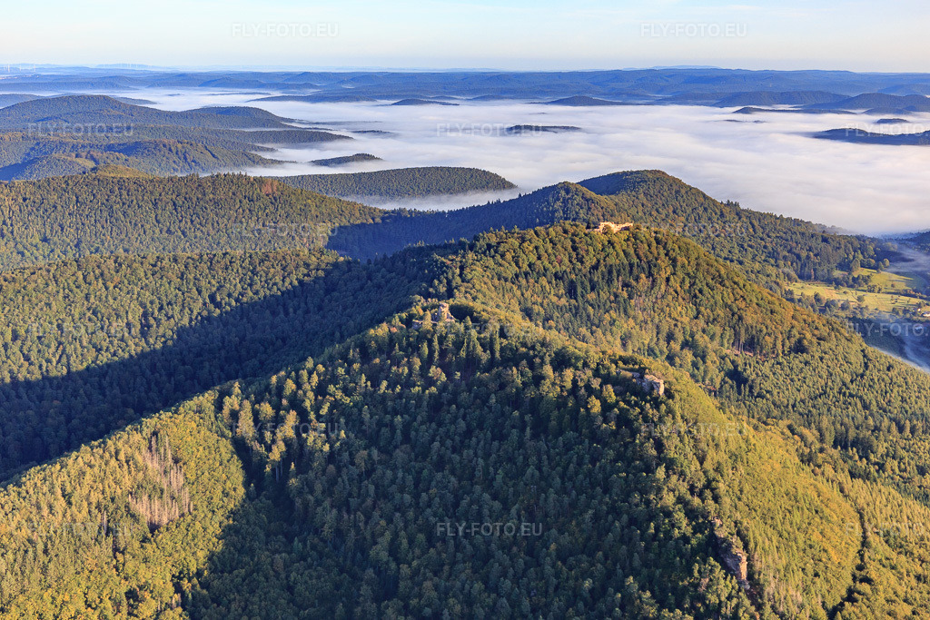 Vue aérienne: Châteaux de Hohenbourg et Lœwenstein et Wegelnburg à Wingen dans le département Bas Rhin, France – .Photo: IMG_138909.jpg prise le 24/09/2023 par Werner Riehm/FLY-FOTO.eu – Résolution de l'original: 5472 x 3648 px – Wanderparadies Wasgau