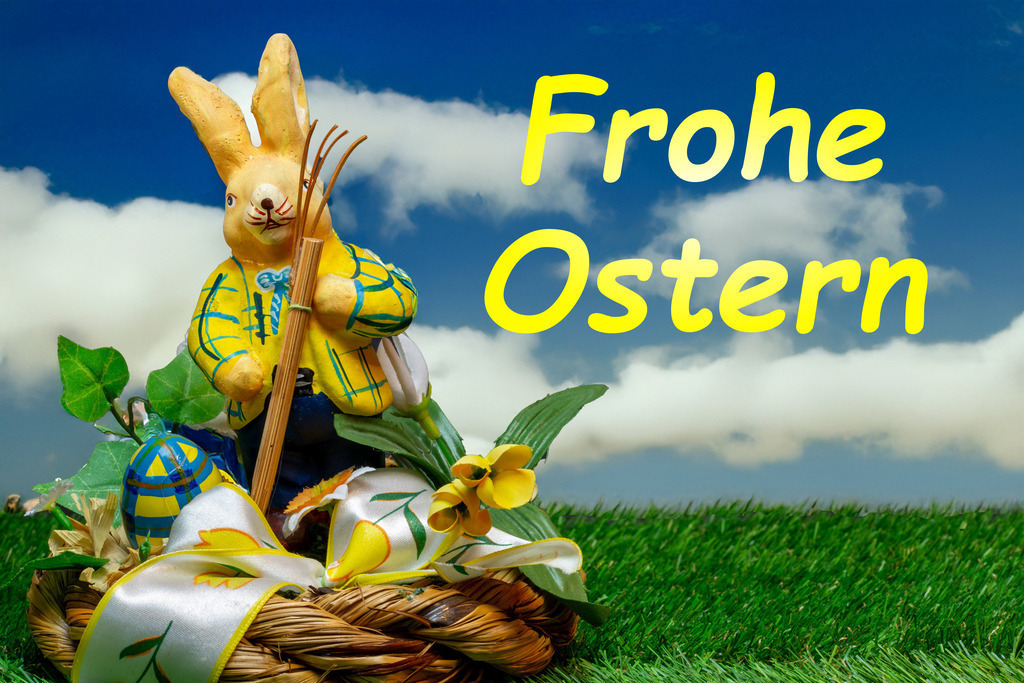 Ostergrüße: Osterhase mit bunten Ostereiern mit Text FROHE OSTERN (Composing) | Ostergrüße: Osterhase mit bunten Ostereiern mit Text FROHE OSTERN (Composing) - Realisiert mit Pictrs.com