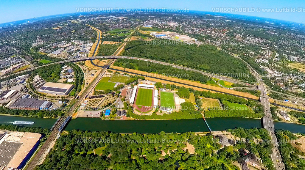 Oberhausen230790149_RWE-Stadion | Luftbild, RWO Stadion Niederrhein des SC Rot-Weiß Oberhausen, Erdkugel, Fisheye Aufnahme, Fischaugen Aufnahme, 360 Grad Aufnahme, tiny world, Buschhausen, Oberhausen, Ruhrgebiet, Nordrhein-Westfalen, Deutschland