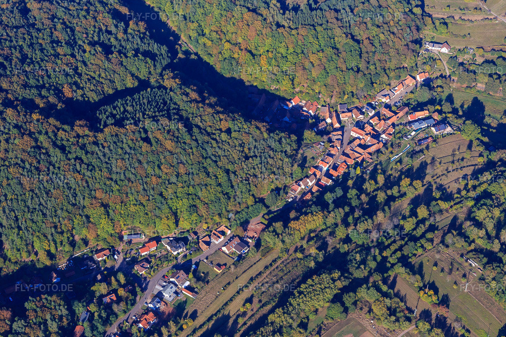 Luftbild: Dorfansicht im Pfälzerwald in Oberschlettenbach im Bundesland Rheinland-Pfalz in Deutschland. Foto: IMG_095255.jpg vom 16.10.2016 durch Werner Riehm/FLY-FOTO.de