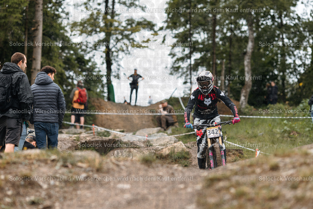 Mountainbike-Action im Gelände | Das Foto zeigt einen Mountainbiker in voller Montur, der einen anspruchsvollen, staubigen Pfad in einem bewaldeten Gelände hinunterfährt. Der Biker trägt einen schwarzen Helm mit einer weißen Markierung und eine dunkle Jacke mit dem Schriftzug 'RIDE'. Er trägt die Nummer 342 auf seinem Trikot. Zuschauer stehen am Rand des Weges und beobachten das Rennen. Der Weg ist mit Steinen, Wurzeln und Staub bedeckt, was die Fahrt anspruchsvoll macht. Im Hintergrund sind Bäume und weitere Zuschauer zu sehen. - Realisiert mit Pictrs.com