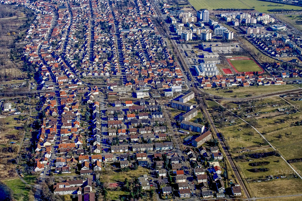 Luftbild: Ortsteil von Süden im Ortsteil Neureut in Karlsruhe im Bundesland Baden-Württemberg in Deutschland. Foto: IMG_9393.jpg vom 17.02.2008 durch Werner Riehm/FLY-FOTO.de