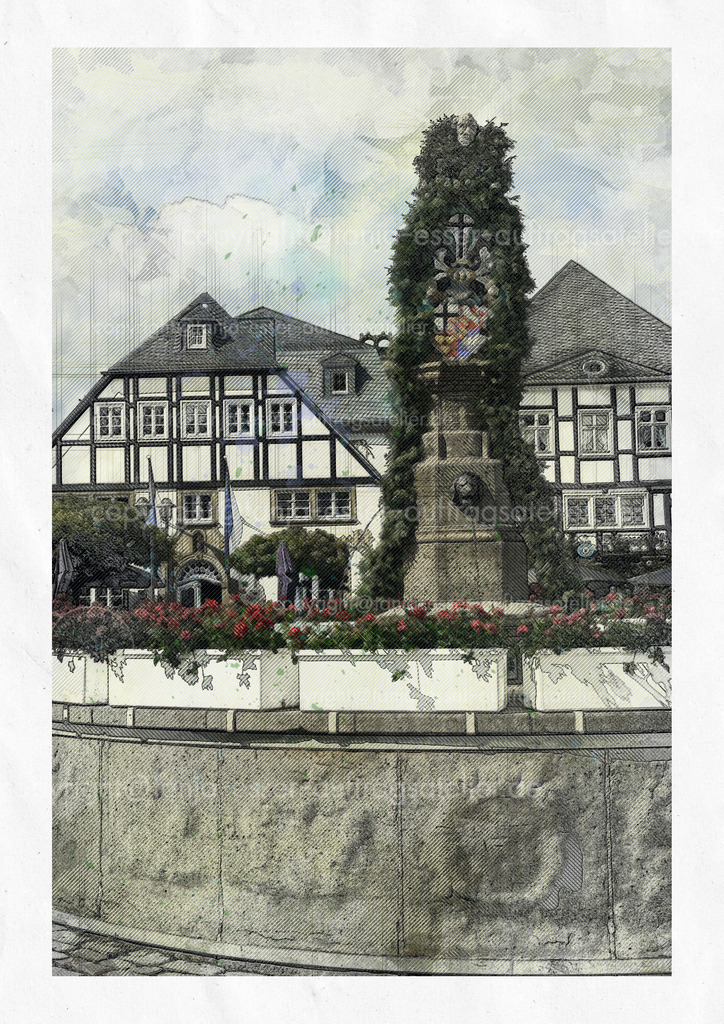 Marktplatz in Stadt Brilon, Deutschland im Look eines alten Drucks. Vorne ist der Petrusbrunnen zu sehen, im Hintergrund sind typische Fachwerkhäuser. | Marktplatz in Stadt Brilon, Deutschland im Look eines alten Drucks. Vorne ist der Petrusbrunnen zu sehen, im Hintergrund sind typische Fachwerkhäuser.