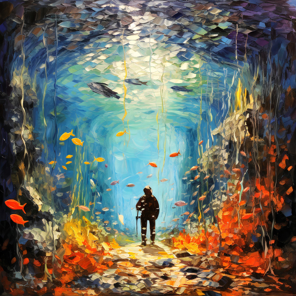 2307081 - Unterwasserreise | Wunderschönes digitales Gemälde eines Tauchers auf dem Meeresboden.