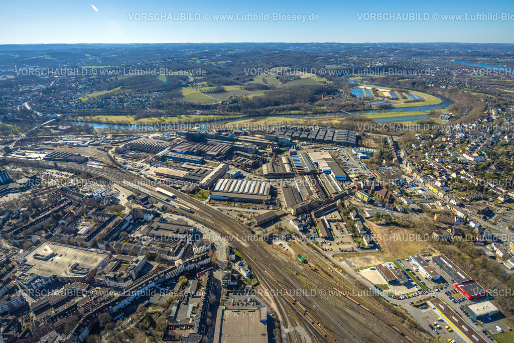 Witten250301027 | Luftbild, Deutsche Edelstahlwerke Steel Gmbh, Blick zum Fluss Ruhr und ins Muttental mit Zeche Nachtigall, Witten, Ruhrgebiet, Nordrhein-Westfalen, Deutschland