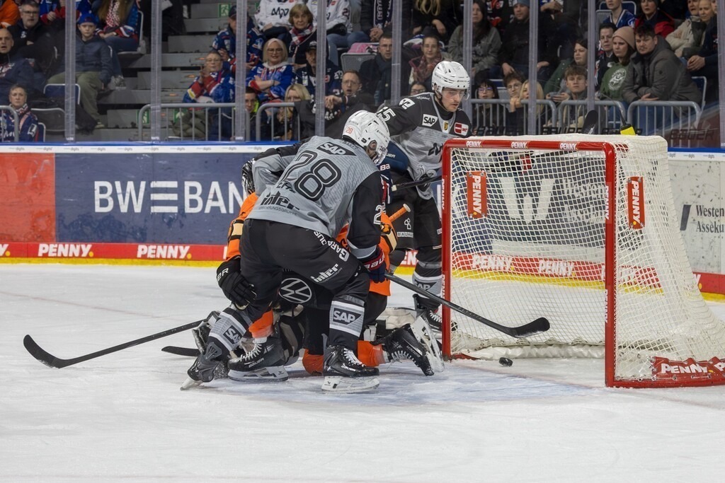 DEL, Deutsche Eishockey Liga Saison 2025/26, 42. Spieltag: Adler Mannheim gegen Gizzlys Wolfsburg | DEL, Deutsche Eishockey Liga Saison 2025/26, 42. Spieltag: Adler Mannheim gegen Gizzlys Wolfsburg***Marc Michaelis (65, Mannheim) erzielt das 2:0 für die Adler - Realisiert mit Pictrs.com