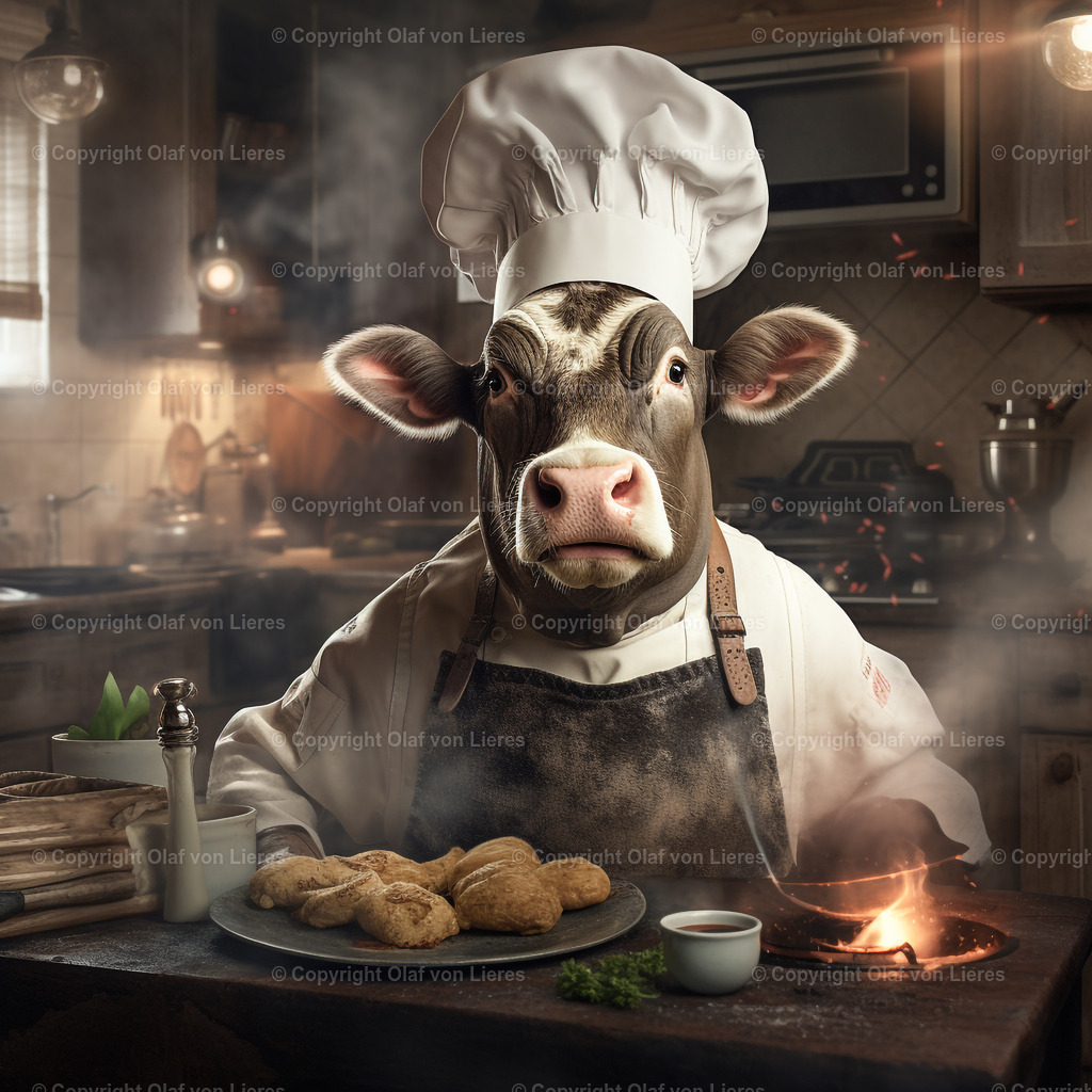Kuh mit Kochmütze | Rind steht in der Küche und kocht
