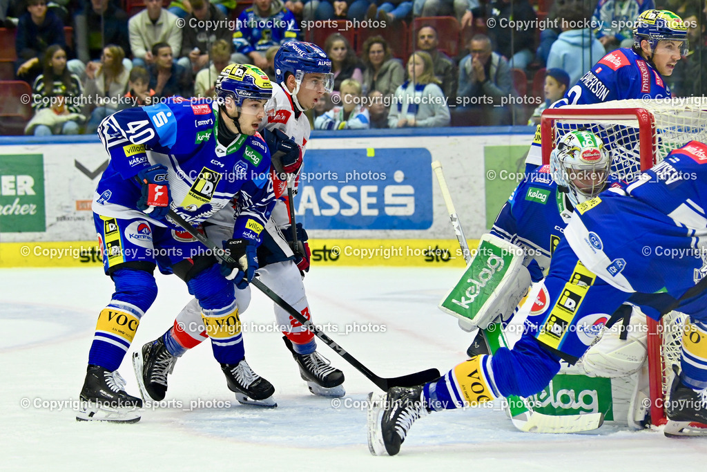 EC IDM Wärmepumpen VSV vs. HC Innsbruck  6.10.2024 | #40 WALLENTA Elias EC VSV, #23 Dobnig Jonas HC Innsbruck, #1 LAMOUREUX Jean Philippe EC VSV, EC IDM Wärmepumpen VSV vs. HC Innsbruck  6.10.2024, EC IDM Wärmepumpen VSV vs. HC Innsbruck  am 06.10.2024 in Villach (Stadthalle Villach), Austria, (Photo by Bernd Stefan)