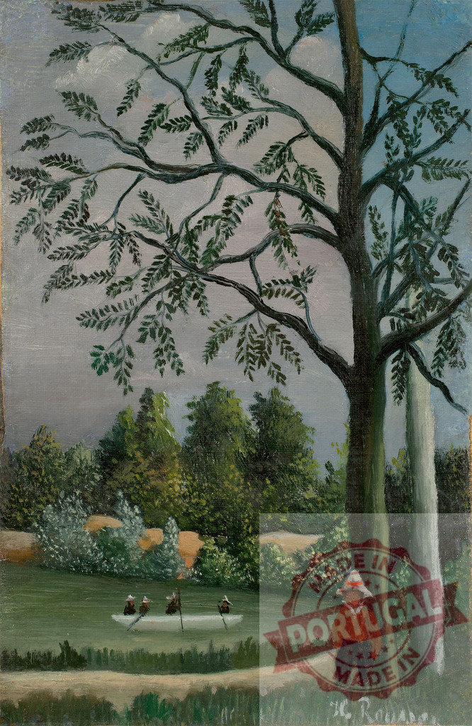 Henri Rousseau jungle painting with people rowing boat. Henri Rousseau | Naive art style painting depicting people in a boat on a river, with a figure standing nearby - Realisiert mit Pictrs.com