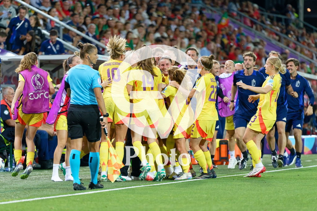 Portugal v Belgium: UEFA Women's EURO 2025 Group B | SION, SWITZERLAND - JULY 11: Belgium celebrates after winning during the UEFA Women's EURO 2025 Group B match between Portugal and Belgium at Stade de Tourbillon on July 11, 2025 in Sion, Switzerland. (Photo by Giuseppe Velletri/Sports Press Photo/Getty Images)