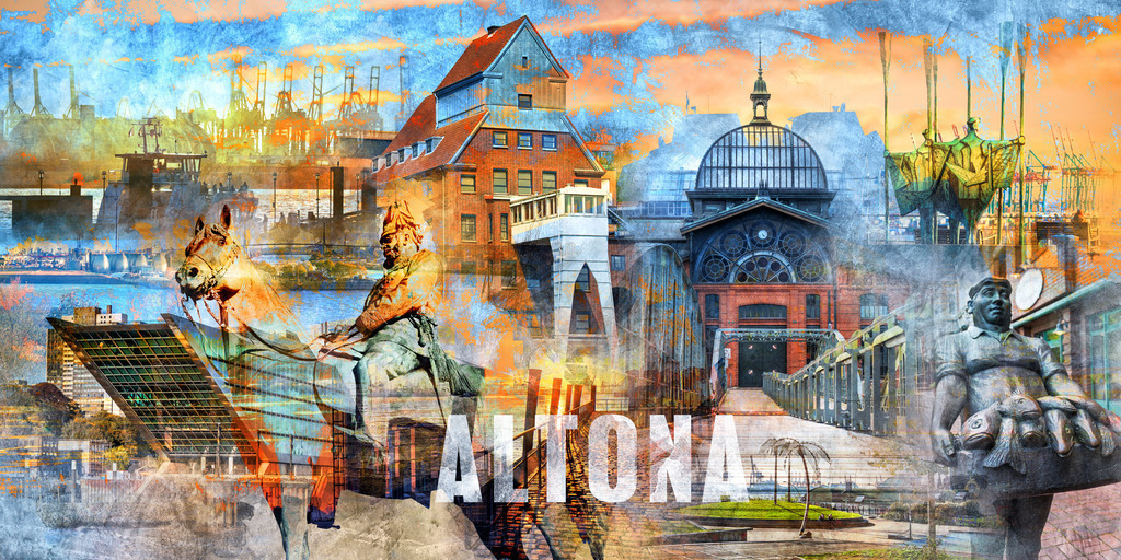 10231107 - Altona Collage | Moderne kunstvolle Fotocollage in unserem einzigartigen Stil, diesmal mit Motiven rund um den Stadtteil Altona, vom Fischmarkt bis zum Dockland.