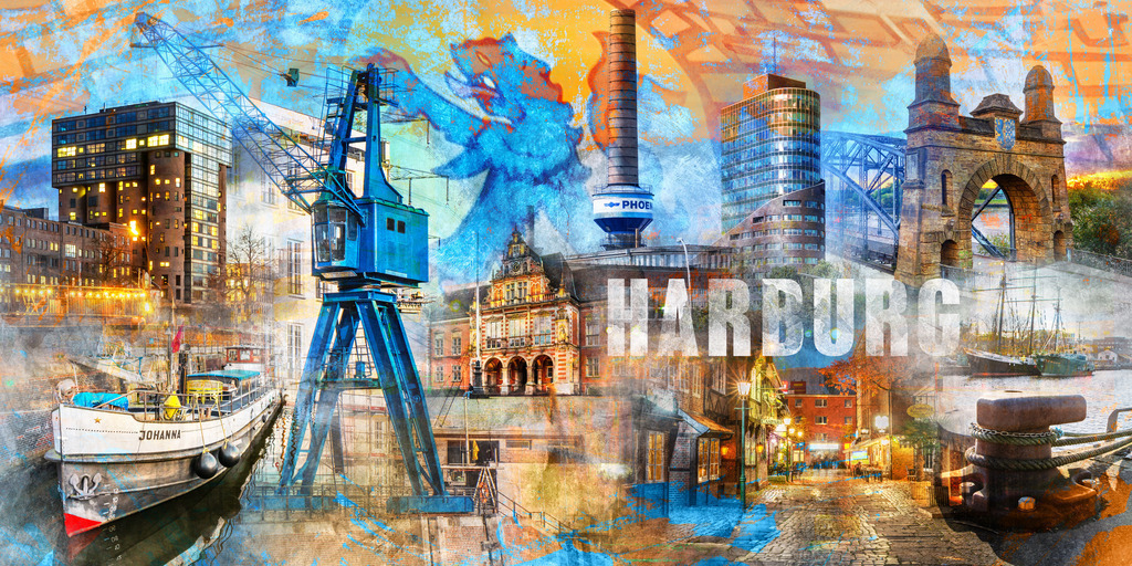 10231106 - Harburg Collage | Für diese Collage in unserem einzigartigen Stil haben wir diesmal ausschließlich Motive des Stadtteils an der Süderelbe verwendet. Erleben Sie auf dieser Collage die vielfältigen Eindrücke Harburgs, angefangen beim Museumshafen über die historische Elbbrücke bis hin zur romantischen Lämmertwiete.