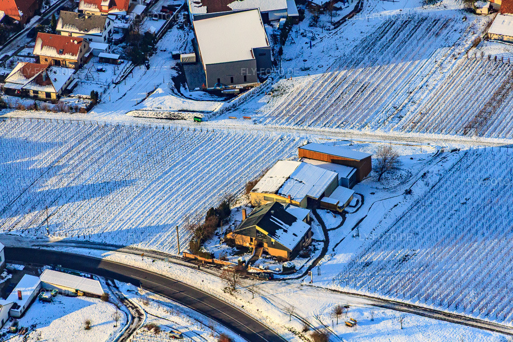 Luftbild: Weingut Gies-Düppel im Winter bei Schnee in Birkweiler im Bundesland Rheinland-Pfalz in Deutschland. Foto: IMG_36364.jpg vom 03.01.2011 durch Werner Riehm/FLY-FOTO.deWeingut Gies-Düppel