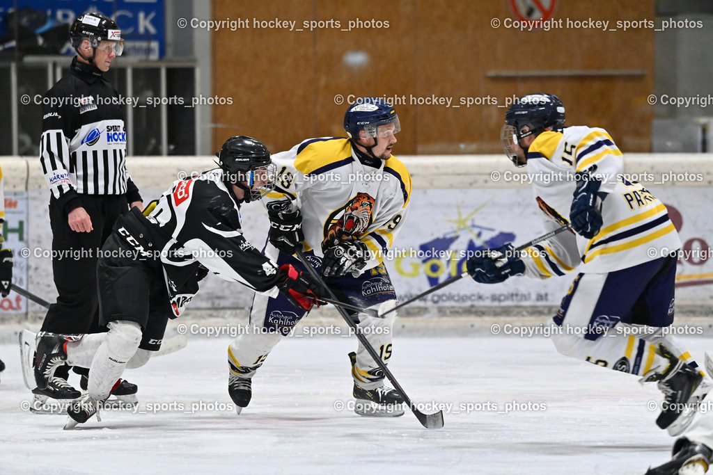 EC Tigers Paternion vs. Tarco Wölfe II | WASSERMANN Michael Referee, #46 Pirker Garcia Pablo Tarco Wölfe II, #19 Kampitsch Lukas EC Tigers Paternion, #15 Rauter Johann EC Tigers Paternion, EC Tigers Paternion vs. Tarco Wölfe II, EC Tigers Paternion vs. Tarco Wölfe II am 19.12.2024 in Spittal an der Drau (Eissportzentrum Spittal), Austria, (Photo by Bernd Stefan)