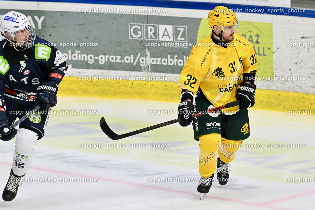 ATSE Graz vs. EHC Lustenau | #32 Stefan Daniel EHC Lustenau, #56 Matijevic Filip ATSE Graz, ATSE Graz vs. EHC Lustenau, ATSE Graz vs. EHC Lustenau am 14.02.2026 in Graz (Merkur Eishalle ), Austria, (Photo by Bernd Stefan)