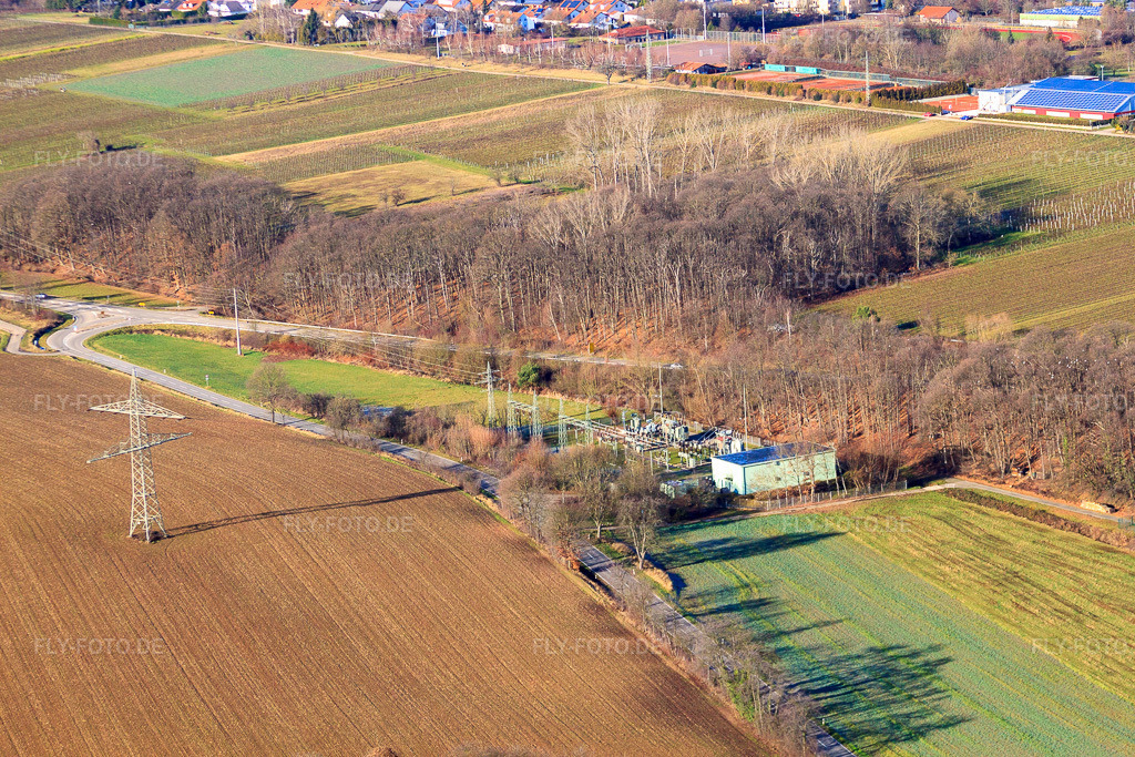 Luftbild: Umspannwerk an der B38 in Dörrenbach im Bundesland Rheinland-Pfalz in Deutschland. Foto: IMG_48304.jpg vom 11.12.2011 durch Werner Riehm/FLY-FOTO.de