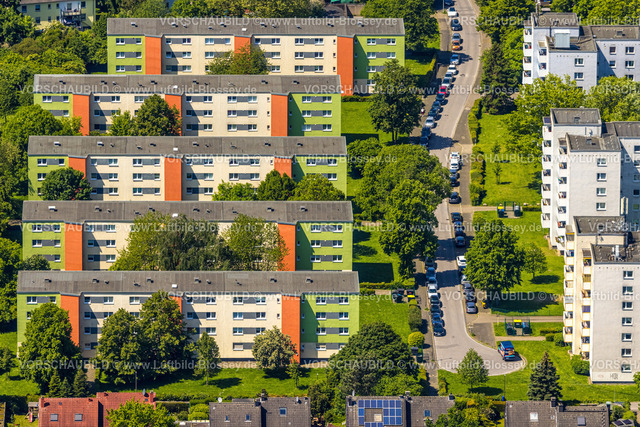Gelsenkirchen230511649 | Luftbild, Reihenhäuser Wohnsiedlung Hagemannshof, Hochhäuser, Bismarck, Gelsenkirchen, Ruhrgebiet, Nordrhein-Westfalen, Deutschland