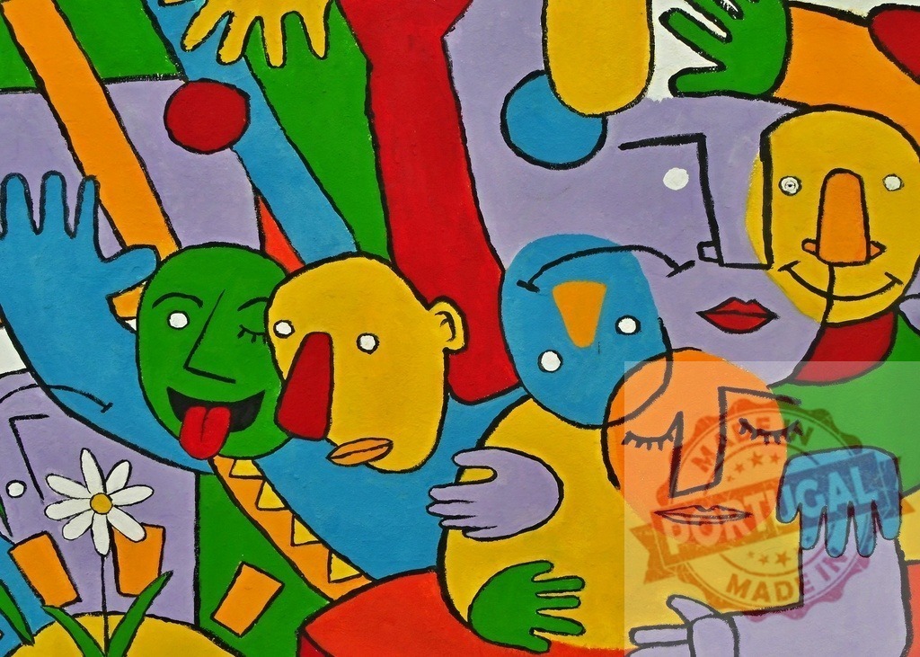 Abstract painting depicting diversity, community and unity | Colorful abstract painting showing a group of diverse people's faces and hands interacting - Realized with Pictrs.com