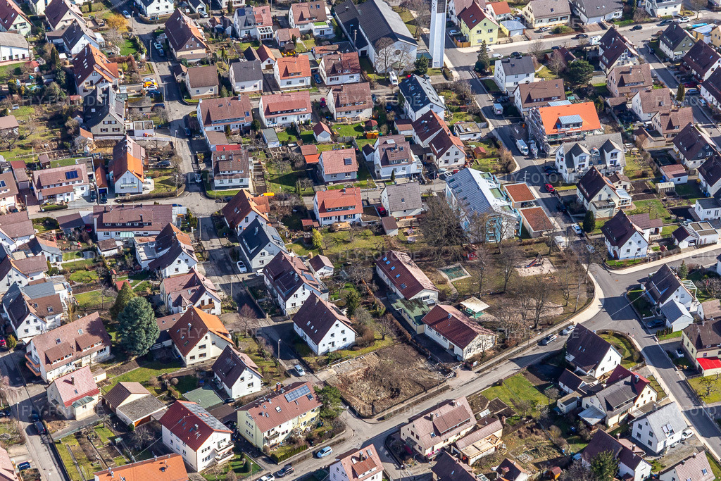 Luftbild: Evangelischer Kindergarten Blumenstraße in Renningen im Bundesland Baden-Württemberg in Deutschland. Foto: IMG_124980.jpg vom 20.02.2021 durch Werner Riehm/FLY-FOTO.deKindergarten Blumenstraße | Evangelische Kindertagesstätten in Leonberg