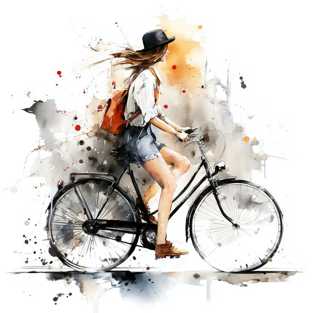 2603014 - Junge Frau auf einem Fahrrad | Leichtigkeit, Freiheit und urbaner Lifestyle – dieses moderne Aquarell-Motiv zeigt eine junge Frau auf dem Fahrrad in einer dynamischen, künstlerischen Darstellung. Die lockeren Farbverläufe und Spritztechniken verleihen dem Bild eine besondere Lebendigkeit und machen es zu einem stilvollen Blickfang für Wohnzimmer, Büro oder kreative Räume. Perfekt für alle, die Bewegung, Freiheit und modernes Design lieben.