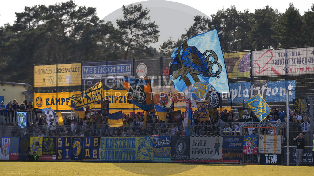 Fußball, Herren, Saison 2025/2026, Regionalliga Nordost, 24. Spieltag, FSV 63 Luckenwalde vs. 1.FC Lokomotive Leipzig, Samstag 28.02.2026, Werner-Seelenbinder-Stadion Luckenwalde, | Fußball, Herren, Saison 2025/2026, Regionalliga Nordost, 24. Spieltag, FSV 63 Luckenwalde vs. 1.FC Lokomotive Leipzig, Samstag 28.02.2026, Werner-Seelenbinder-Stadion Luckenwalde, Im Bild: Die mitgereisten Fans des 1.FC Lokomotive Leipzig - Realisiert mit Pictrs.com