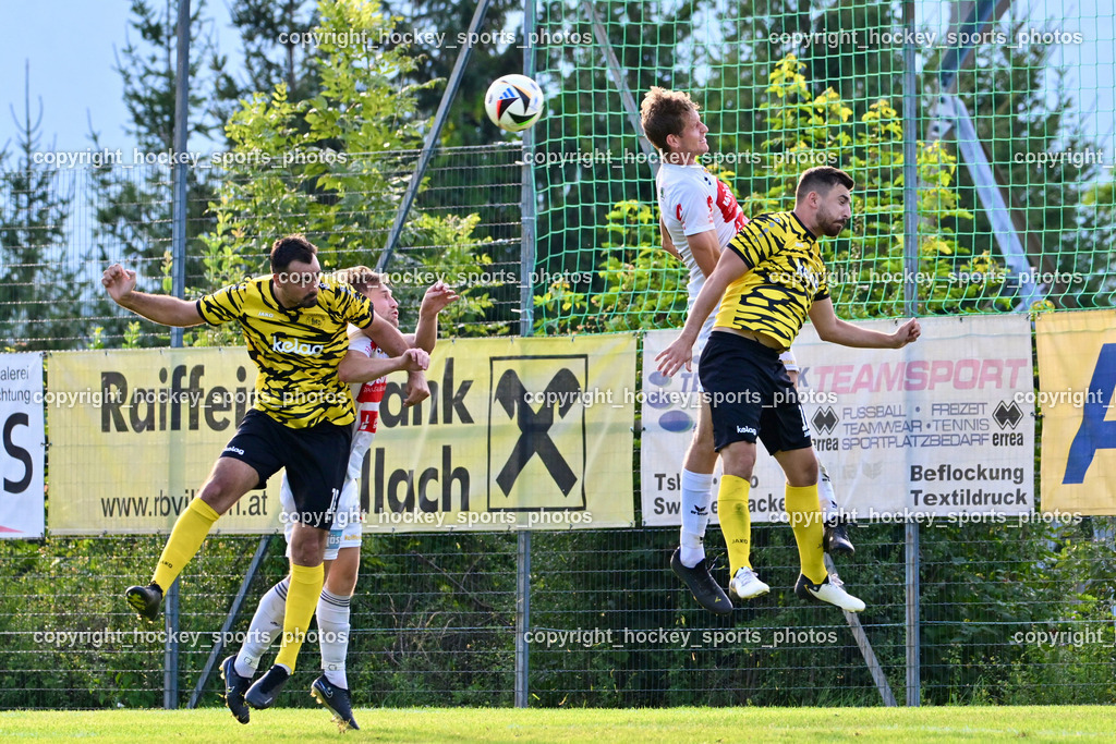 FC Faakersee vs. Rapid Lienz  | #18 Andreas Unterguggenberger FC Faakersee, #2 Martin Wibmer Rapid Lienz, #10 Marco Pehr FC Faakersee, FC Faakersee vs. Rapid Lienz , FC Faakersee vs. Rapid Lienz  am 04.08.2024 in Faakersee (Sportplatz Faakersee), Austria, (Photo by Bernd Stefan)