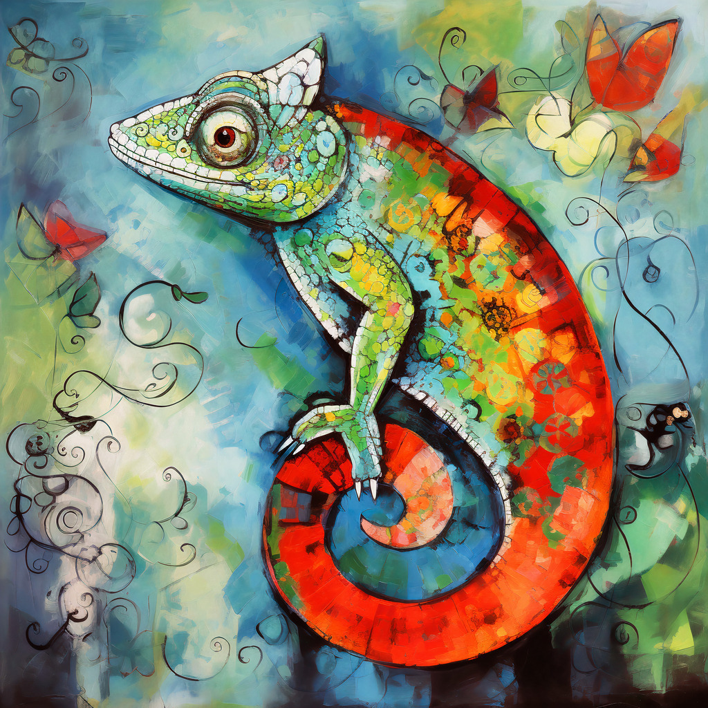 2307058 - Chamäleon | Illustratives Wandbild eines Chamäleons, das an den Stil von Marc Chagall erinnert.