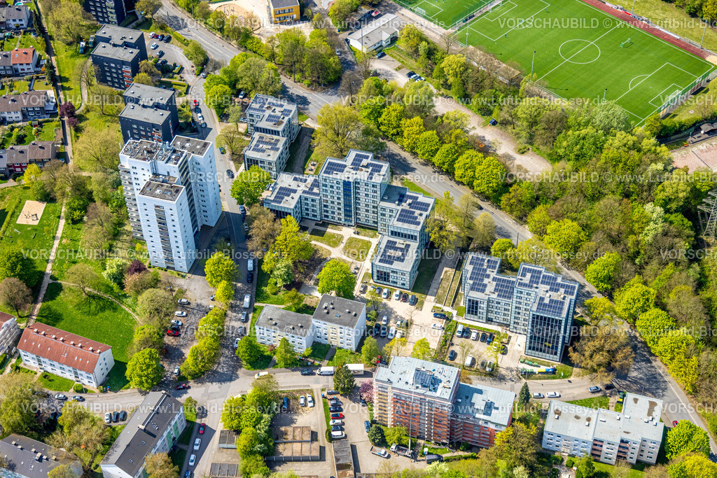 Witten260401580 | Luftbild, Ortsansicht Hochhaus-Wohnsiedlung Schulze-Delitzsch-Straße im Ortsteil Heven, Sportplatz Fußballstadion TUS Heven, Heven, Witten, Ruhrgebiet, Nordrhein-Westfalen, Deutschland