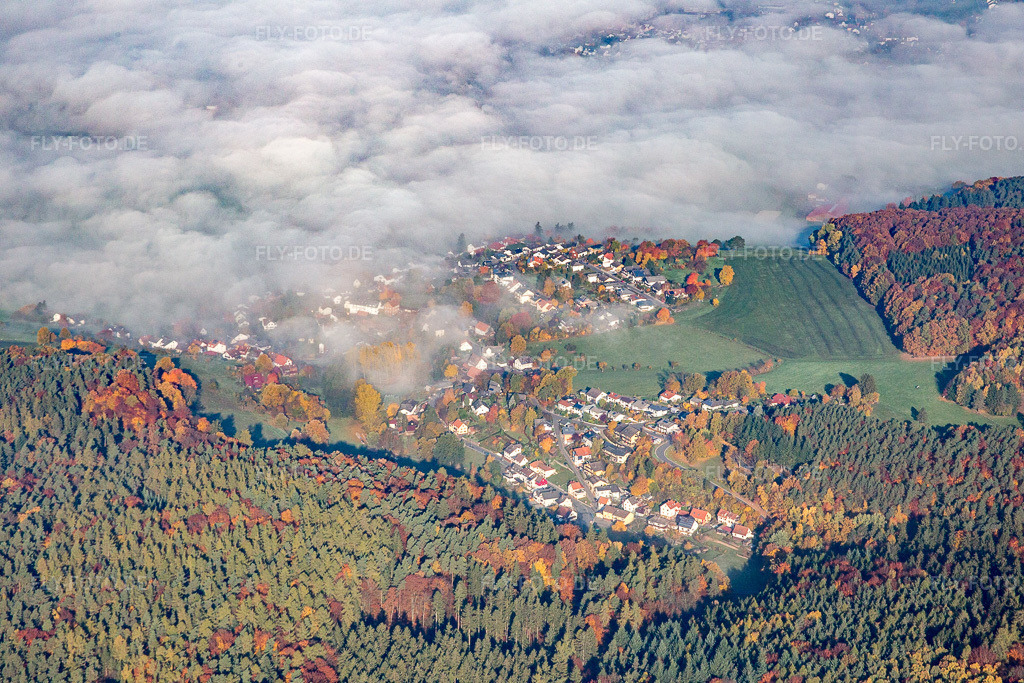 Luftbild: Ortsansicht unter Morgennebel im Ortsteil Erlenbach in Erbach im Bundesland Hessen in Deutschland. Foto: IMG_084972.jpg vom 01.11.2015 durch Werner Riehm/FLY-FOTO.de