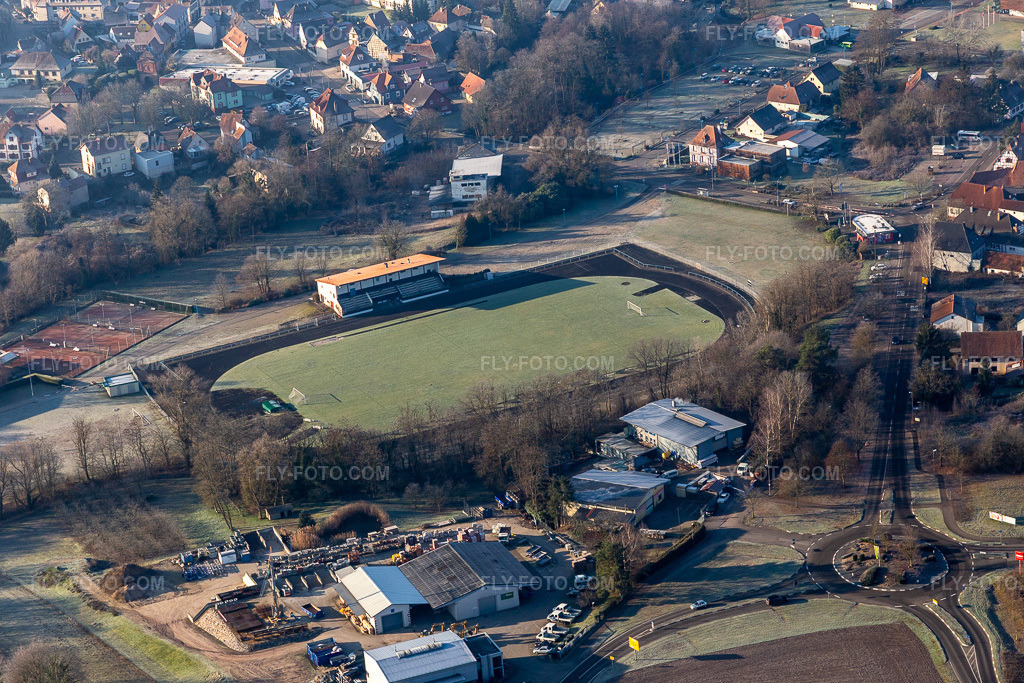 Aerial view: Stadium in Lauterbourg in the state Bas-Rhin, France.Photo: IMG_124045.jpg taken on 01/11/2021 by Werner Riehm/FLY-FOTO.comResolution of the original: 5472 x 3648 px