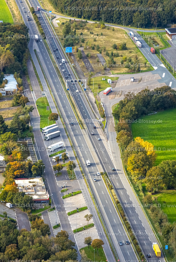 Emmerich241010726 | Luftbild, Straßenverkehr Autobahn A3 / A12, Raststätte Knauheide, Grenzübergang Elten Deutschland-Niederlande, Feldhuisen, Emmerich am Rhein, Niederrhein, Nordrhein-Westfalen, Deutschland