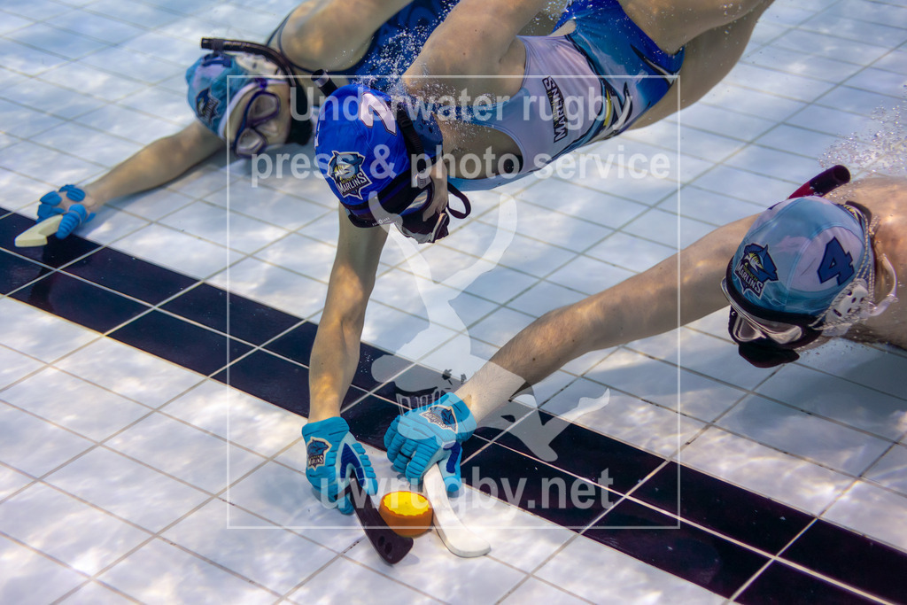 Unterwasser-Hockey: Rückrunde Liga 2023/2024 und Kür des Deutschen Meisters 2024. | München 2 in blau gegen München 1 in weiß, beide bayerischen Mannschaften gehören zum Unterwasserhockey München e.V. - Realisiert mit Pictrs.com
