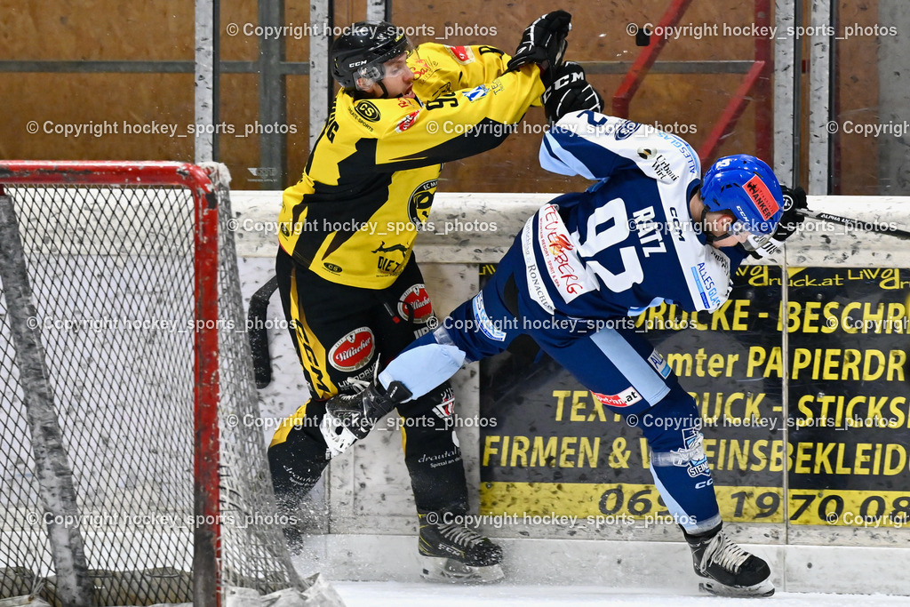 EC Hornets Spittal vs. ESC Steindorf 23.2.2024 | #90 Ogertschnig Joshua EC Hornets Spittal, #92 Ratz Patrick ESC Steindorf, EC Hornets Spittal vs. ESC Steindorf 23.2.2024, EC Hornets Spittal vs. ESC Steindorf 23.2.2024 am 23.02.2024 in Spittal an der Drau (Eissportzentrum Spittal), Austria, (Photo by Bernd Stefan)