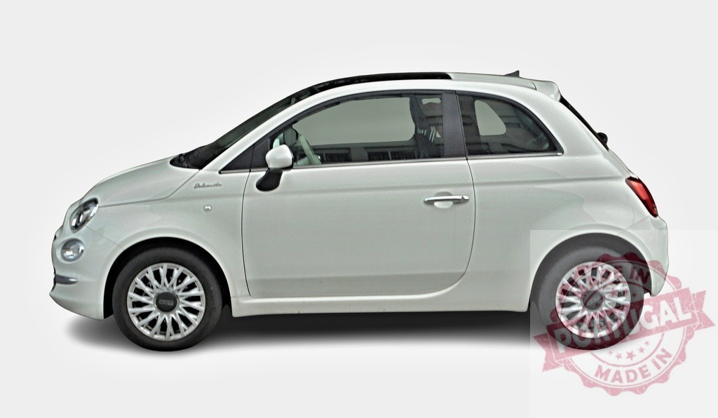 White Fiat 500 Dolcevita showing its left side view | Stylish white Fiat 500 Dolcevita parked, showcasing its elegant design and compact size - Realized with Pictrs.com