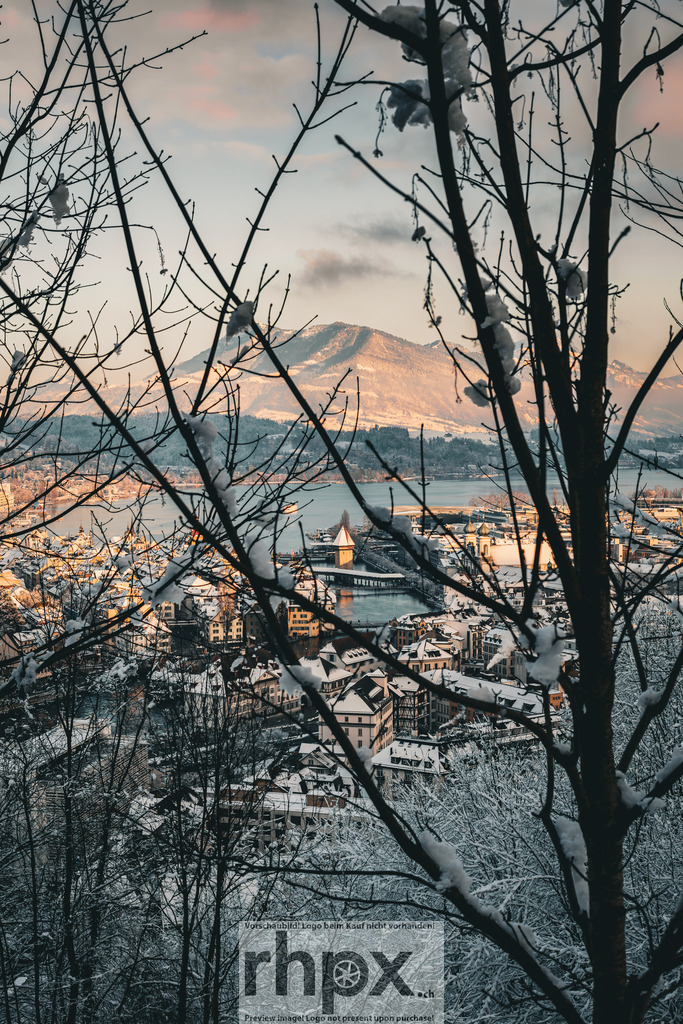 Aussicht auf verschneites Luzern mit Rigi im Hintergrund | Rahmen. Natur. Einblick. Verschneite Zweige im Vordergrund zeichnen eine natürliche Vignette um die Wahrzeichen der Stadt. Das warme Licht auf dem Berg kontrastiert harmonisch mit der kühlen Ruhe und Geborgenheit, die dieser Blickwinkel ausstrahlt. Wähle unter "Produktauswahl" dein Wunschformat: Vom klassischen Wandbild über Puzzle &amp; Tassen bis zum digitalen Download (z.B. als Handy-Hintergrund). - Realisiert mit Pictrs.com