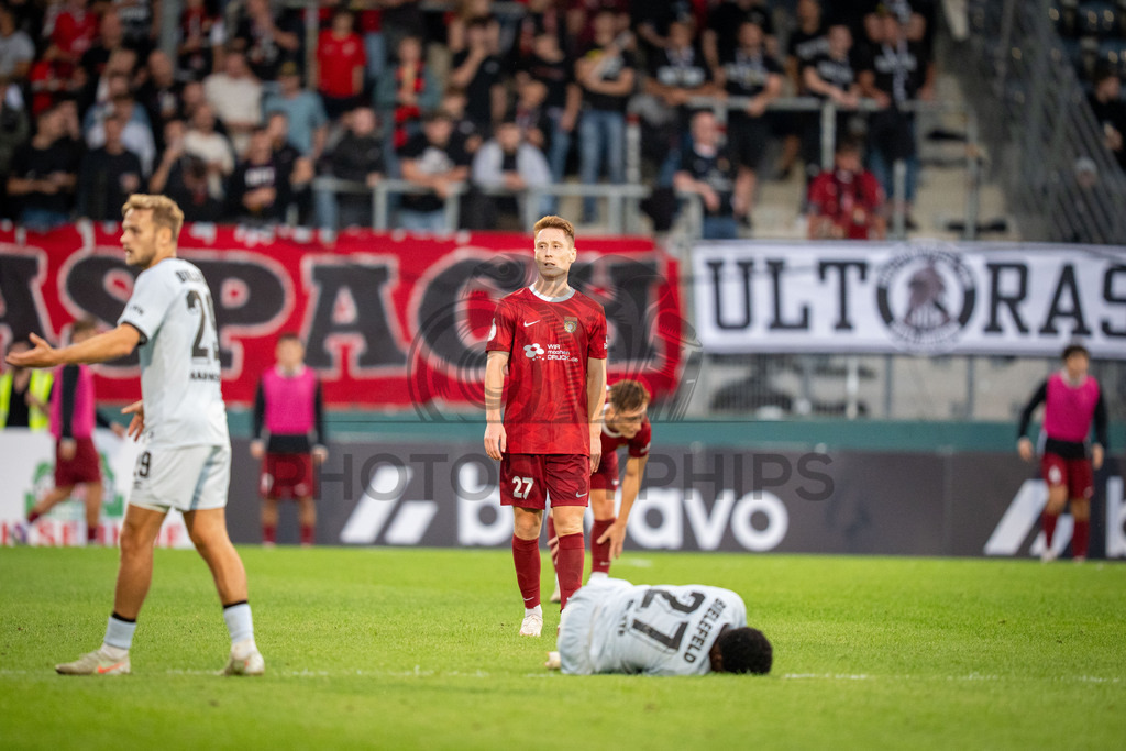SG Sonnenhof Großaspach vs. Arminia Bielefeld, Fussball, DFB-Pokal, 1. Runde, 22.08.2026 | Loris Maier (SG Sonnenhof Großaspach, #27),SG Sonnenhof Großaspach vs. Arminia Bielefeld, Fussball, DFB-Pokal, 1. Runde, 22.08.2026,DFB regulations prohibit any use of photographs as image sequences and/or quasi-video