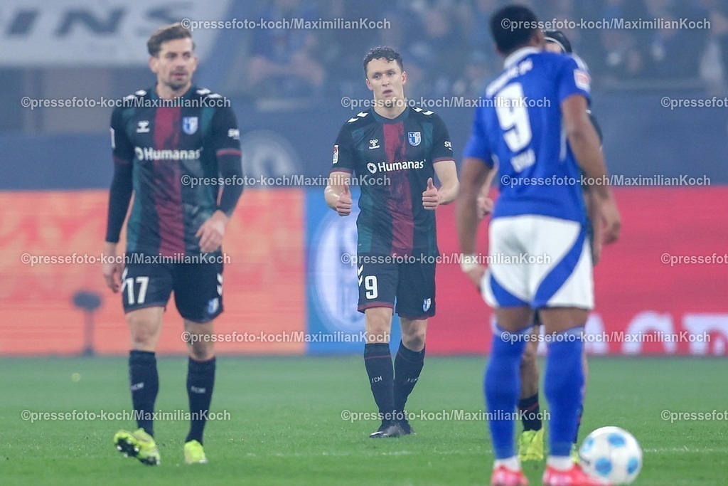 S0401022501032 | 01.02.2025, Fußball, FC Schalke 04 - 1. FC Magdeburg, 2.. Fußball Bundesliga, 20. Spieltag, Veltins-Arena Gelsenkirchen, Saison 2024 2025: Torjubel nach dem 1:0 durch Martijn Kaars (1.FC Magdeburg #9)DFB regulations prohibit any use of photographs as image sequences and or quasi-video.