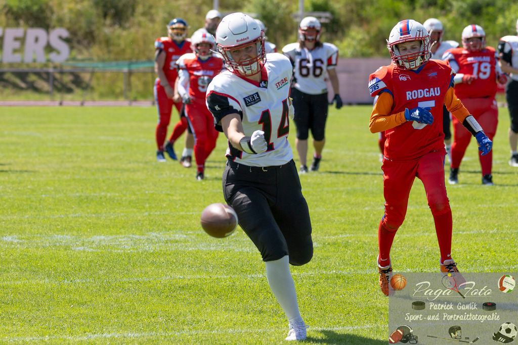 GFLW 1: German Football League Women 1: Rodgau Pioneers Ladies - Stuttgart Scorpions Sisters, 07.06.2026 | Virginia Weipert (Stuttgart Scorpions Sisters #14) verpasst einen Ball &amp; Paulina Duzak (Rodgau Pioneers Ladies #5), Rodgau Pioneers Ladies - Stuttgart Scorpions Sisters, Rodgau, Maingau-Energie-Stadion "Am Weichsee", 7.6.2026 - Realisiert mit Pictrs.com