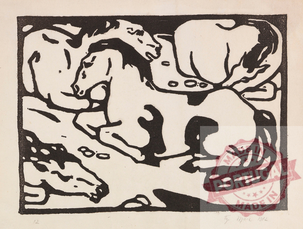 Franz Marc woodcut print of expressionist horses | Black and white woodcut expressing horses resting in a stylized form and German Expressionism - Realized with Pictrs.com