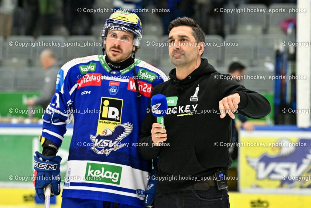 EC IDM WÄRMEPUMPEN VSV vs. FTC-TELEKOM JÉGKORONG | #13 Adam Helewka EC VSV, Gert Prohaska, EC IDM WÄRMEPUMPEN VSV vs. FTC-TELEKOM JÉGKORONG, EC IDM WÄRMEPUMPEN VSV vs. FTC-TELEKOM JÉGKORONG am 19.10.2025 in Villach (Stadthalle Villach), Austria, (Photo by Bernd Stefan)
