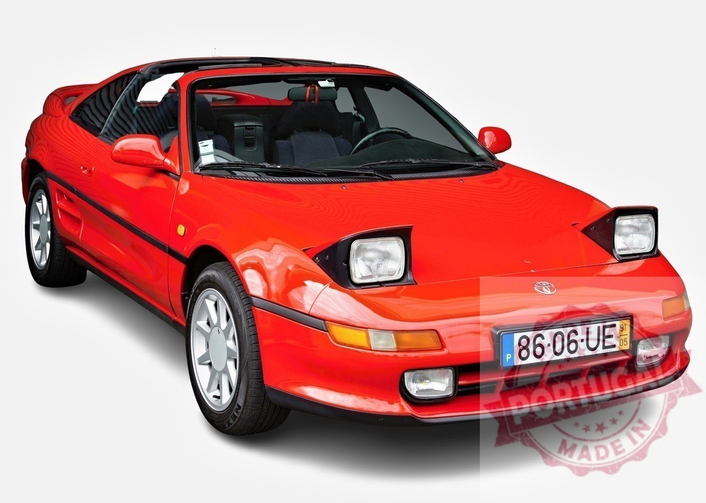 Red Toyota MR2 posing with pop-up headlights up on a white background | Red Toyota MR2 posing with its pop-up headlights up on a white background - Realized with Pictrs.com
