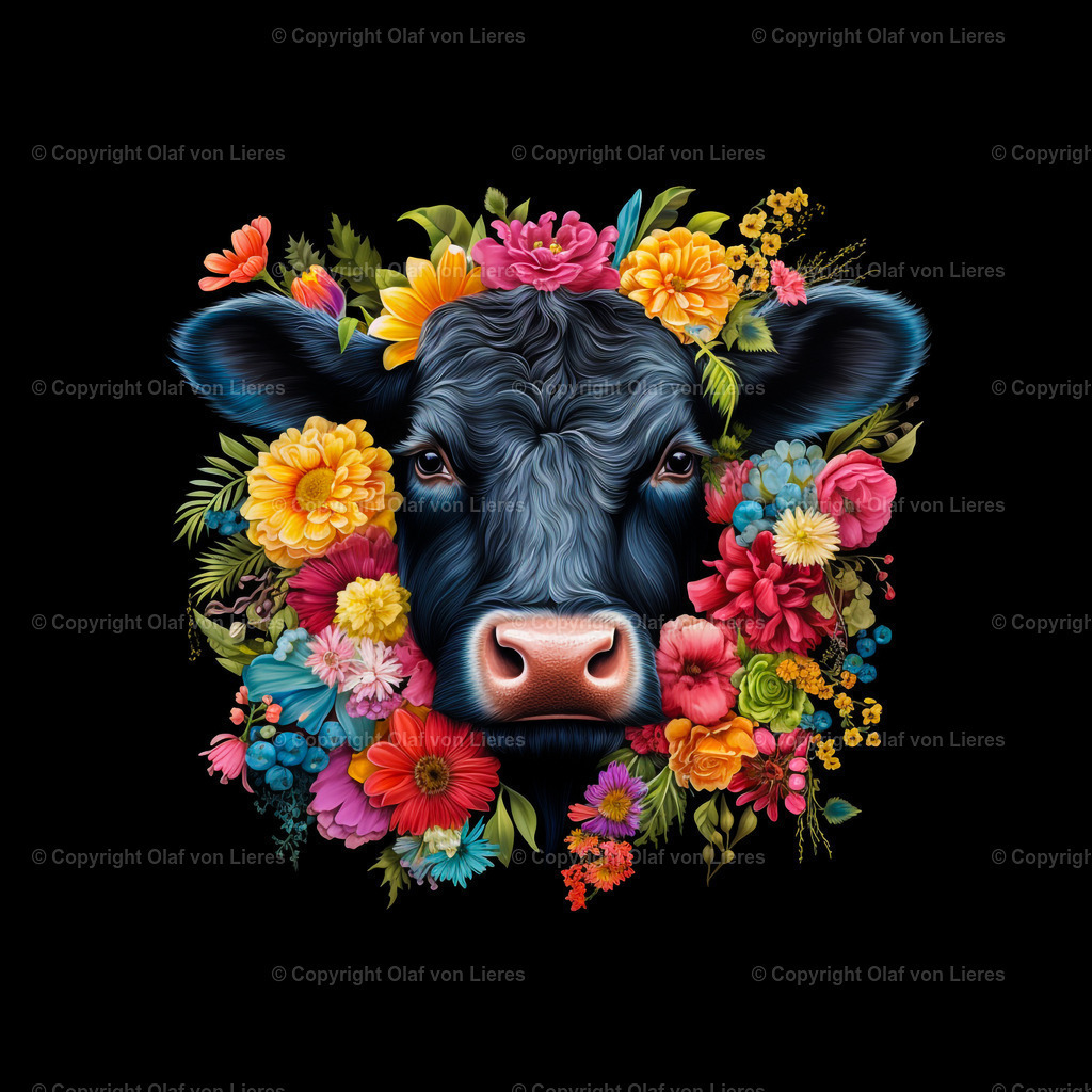 Kuhkopf als Wandbild | Kuh mit vielen bunten Blumen