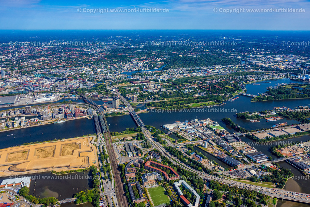 Hamburg_Rothenburgsort_Veddel_Elbbrücken_ELS_8446200925 | HAMBURG 20.09.2025 Fluß - Brückenbauwerk Elbbrücken - Norderelbbrücke über die Ufer der Elbe in Hamburg. // River - bridge structure Elbbruecken - Norderelbbruecke on the banks of the Elbe in Hamburg, Germany. Foto: Martin Elsen