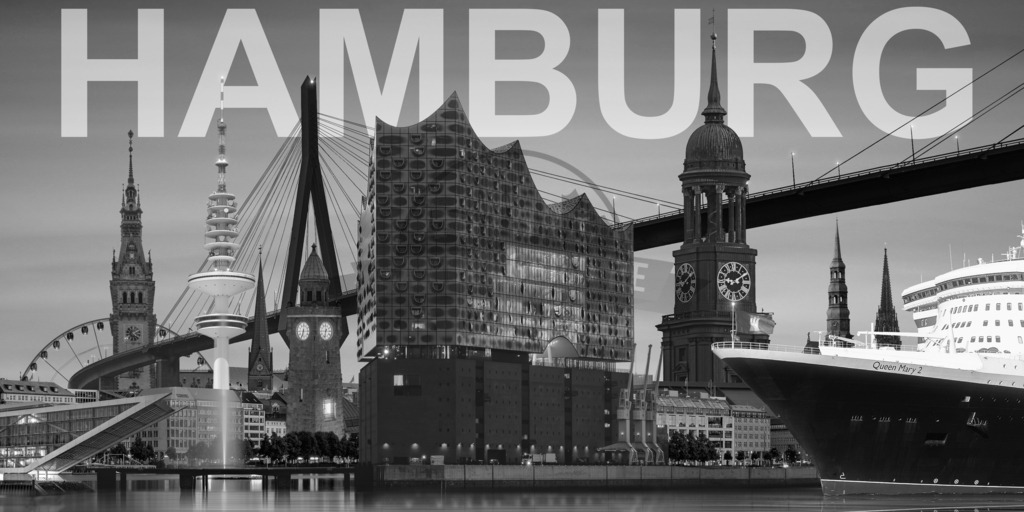 Hamburg Collage 17.0a schwarzweiß  | Eine faszinierende Collage von Hamburg. Dieses beeindruckende Wandbild zeigt die Wahrzeichen der wunderschönen Stadt Hamburg. Perfekt als dekoratives Wandbild, das die Schönheit und Atmosphäre der bekannten Sehenswürdigkeiten Hamburgs in Ihr Zuhause oder Büro bringt. - Realisiert mit Pictrs.com