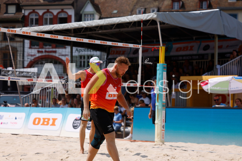 Obi BeachTour 2026 - Basel | BASEL, SWITZERLAND - JULY 19: LAURENZ LEITNER (AUT) and MORITZ KINDL (AUT) during the Obi BeachTour 2026 match between LEITNER / KINDL (AUT) and BREER / KÄLIN (SUI) at Barfüsserplatz on July 19, 2026 in Basel, Switzerland. - Realisiert mit Pictrs.com
